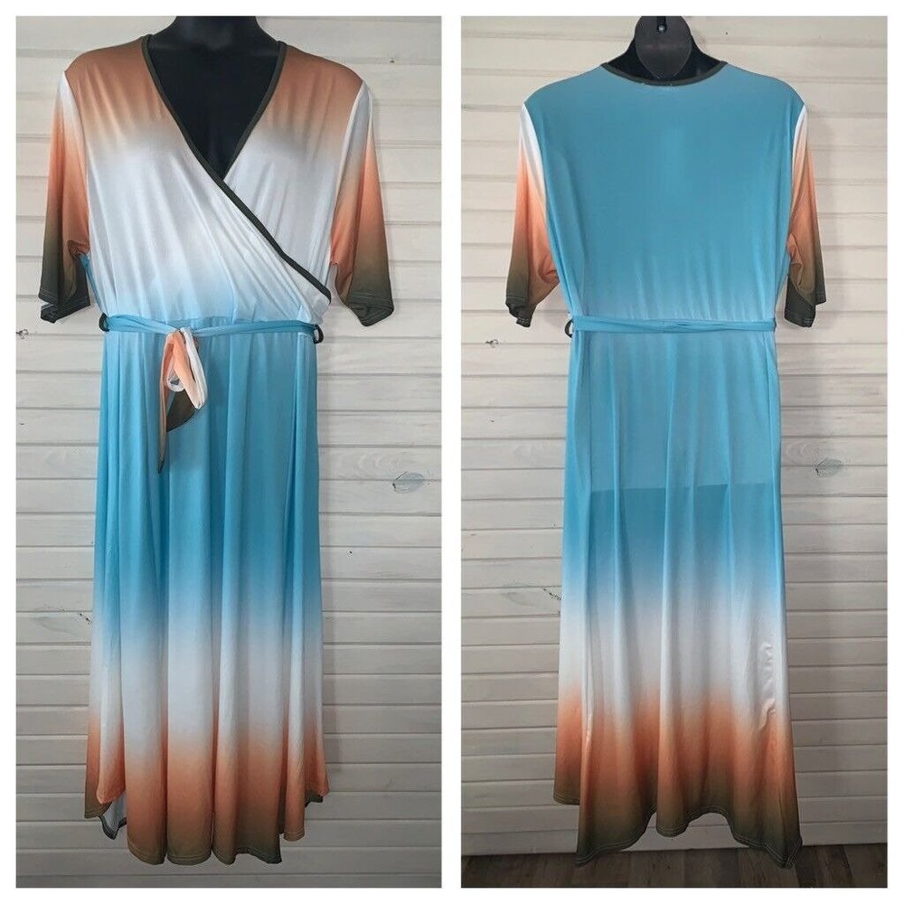 NWT LILY By Firmiana Sz 4XL PLUS Ombre Faux Wrap Surplice Maxi Dress Stretch